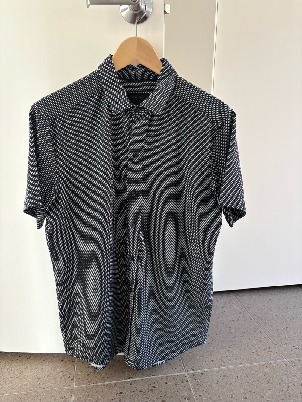 Magaschoni Black and White Micro Dot Short Sleeve Button-Up Shirt